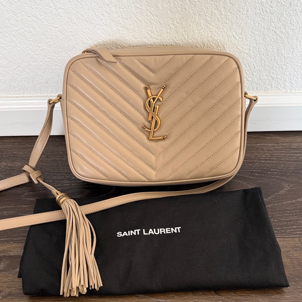 Saint Laurent Neutral Beige Quilted Leather Crossbody with Tassel
